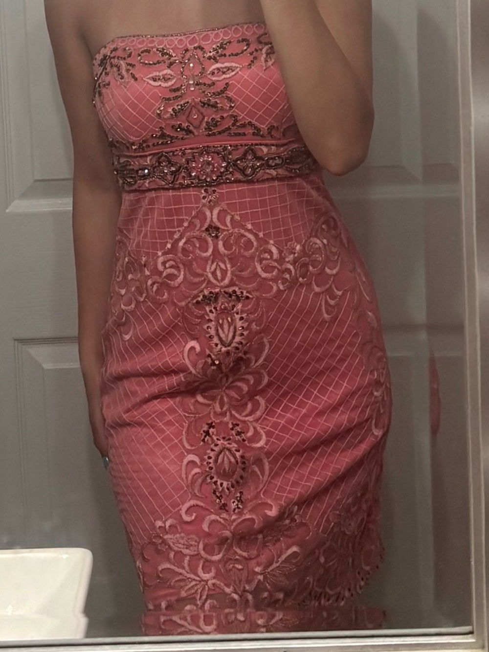 Vintage Sue Wong pink strapless dress with beaded details.
